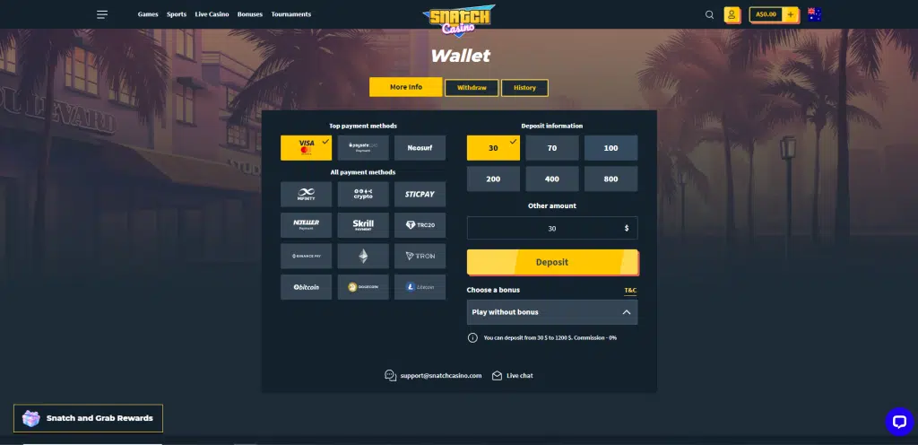 snatch casino deposit page after registration 