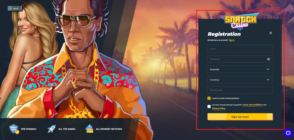 registration process on snatch casino